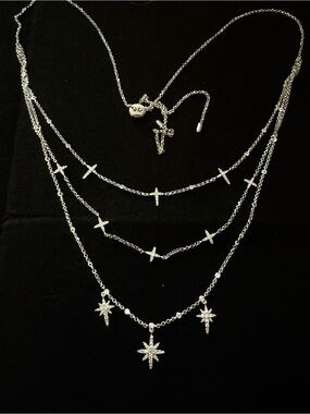 APM Monaco Silver Layered Star and Cross Necklace